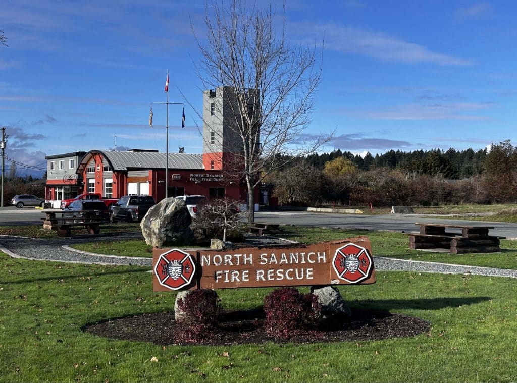 Photos of the North Saanich Fire Department sign and building at the corner of Wain Road and West Saanich Road.
