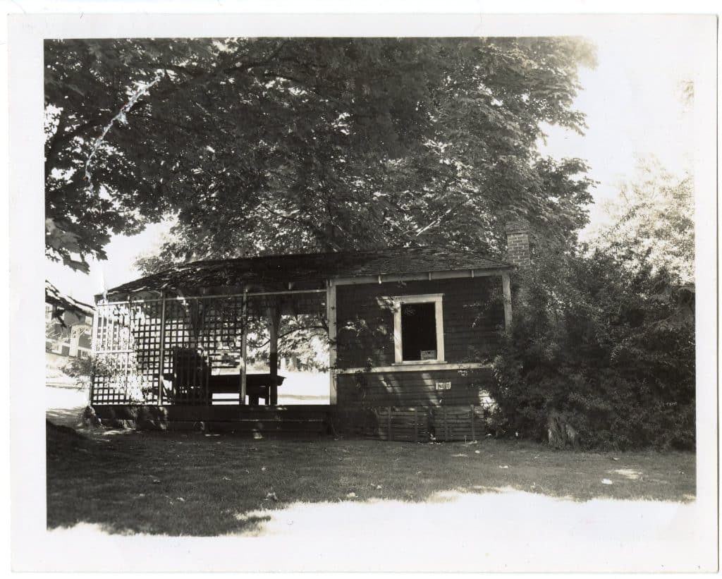 Black and white photograph of the old BCER station at Dominion Brook Park in North Saanich. Very small one-room building (more like a tiny cottage).